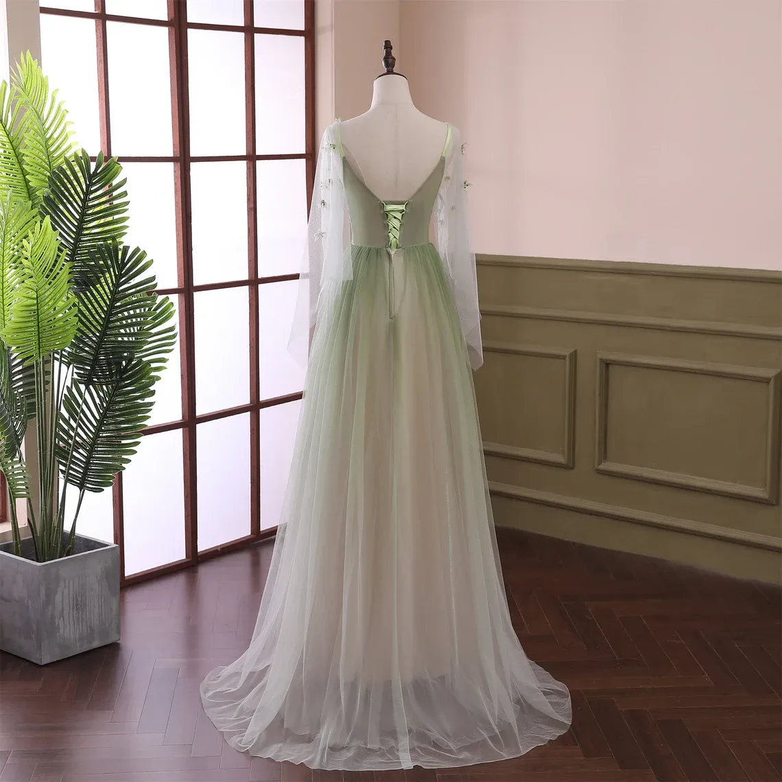 Light Green Long Sleeves Gradient Tulle Party Dress, Green Floor Length Prom Dress