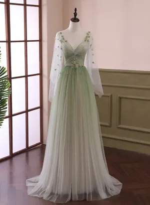 Light Green Long Sleeves Gradient Tulle Party Dress, Green Floor Length Prom Dress