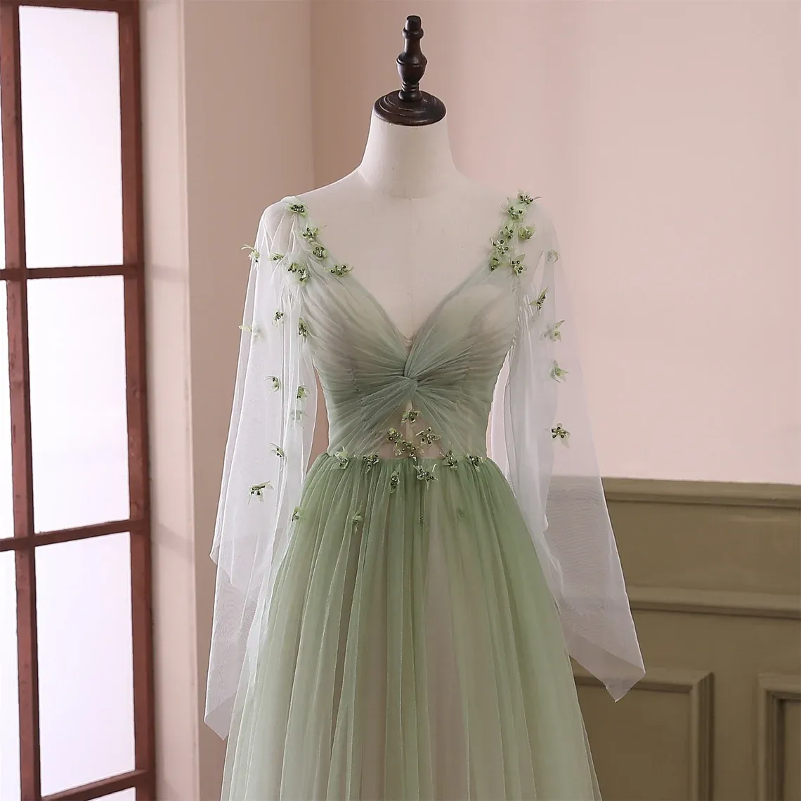 Light Green Long Sleeves Gradient Tulle Party Dress, Green Floor Length Prom Dress
