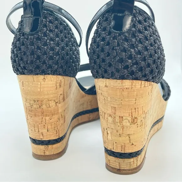 Marvin K Italian Black Wedge Heels ‘Bianca’ Mesh Cork High Heel Sandals | Size 8