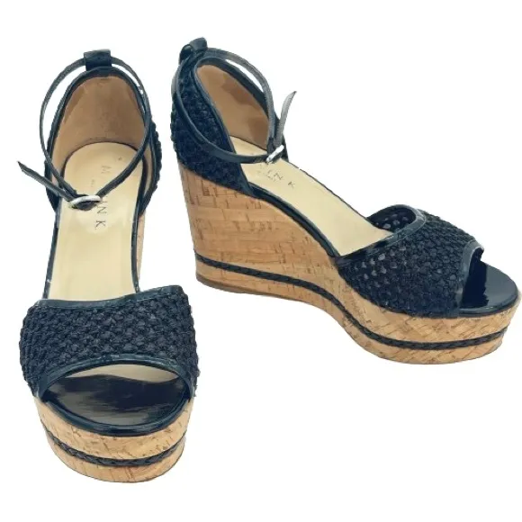 Marvin K Italian Black Wedge Heels ‘Bianca’ Mesh Cork High Heel Sandals | Size 8