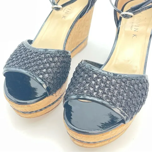 Marvin K Italian Black Wedge Heels ‘Bianca’ Mesh Cork High Heel Sandals | Size 8