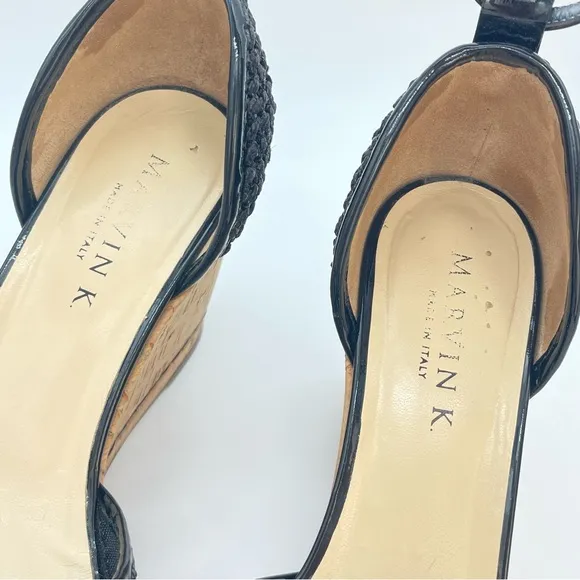 Marvin K Italian Black Wedge Heels ‘Bianca’ Mesh Cork High Heel Sandals | Size 8