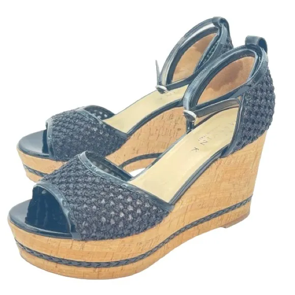Marvin K Italian Black Wedge Heels ‘Bianca’ Mesh Cork High Heel Sandals | Size 8
