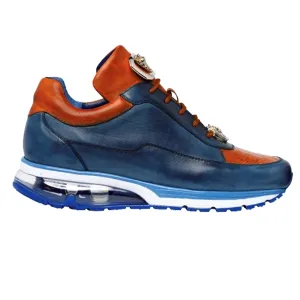 Mens Belvedere Flash Calfskin & Crocodile Sneaker in Blue & Cognac