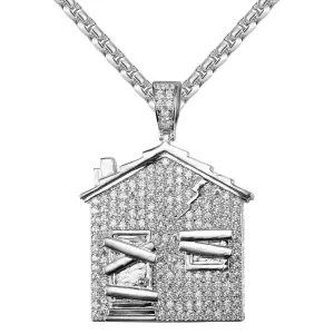 Mens Trap House Pendant Custom Piece Icy Hip Hop Charm Chain Combo Set