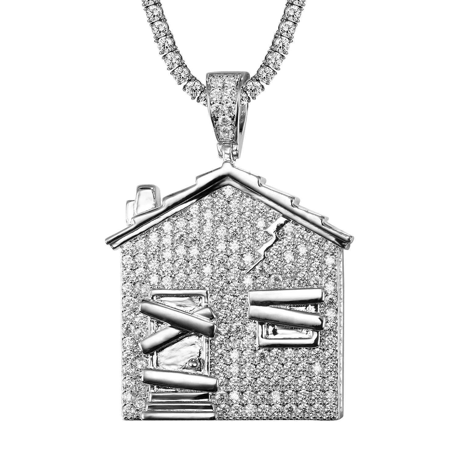 Mens Trap House Pendant Custom Piece Icy Hip Hop Charm Chain Combo Set