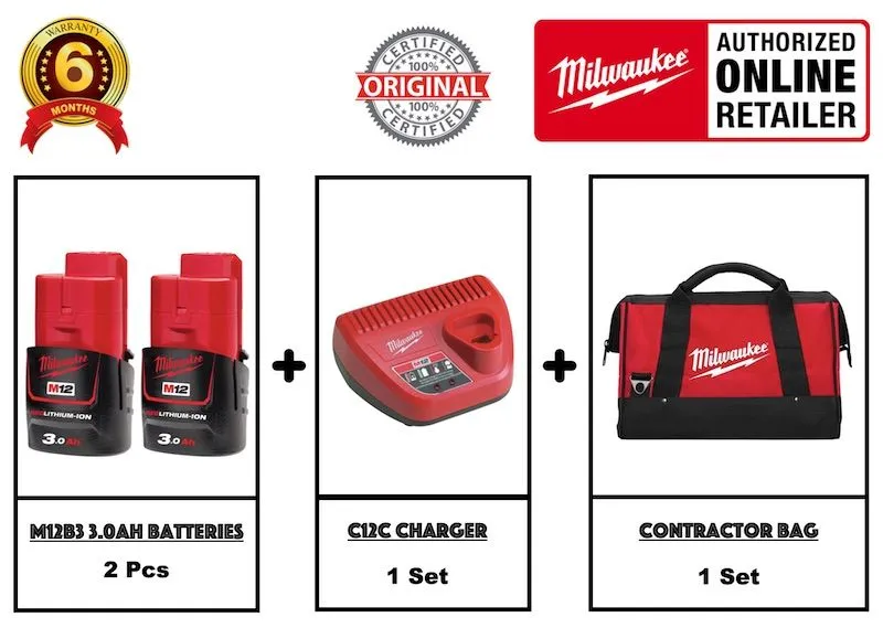 Milwaukee M12 BPS-0 Sub Compact Handy Cordless Car Polisher and Sander c/w 2 no 3.0Ah 12V Batteries , 1 no 12V Charger and 1 no Contractor Bag
