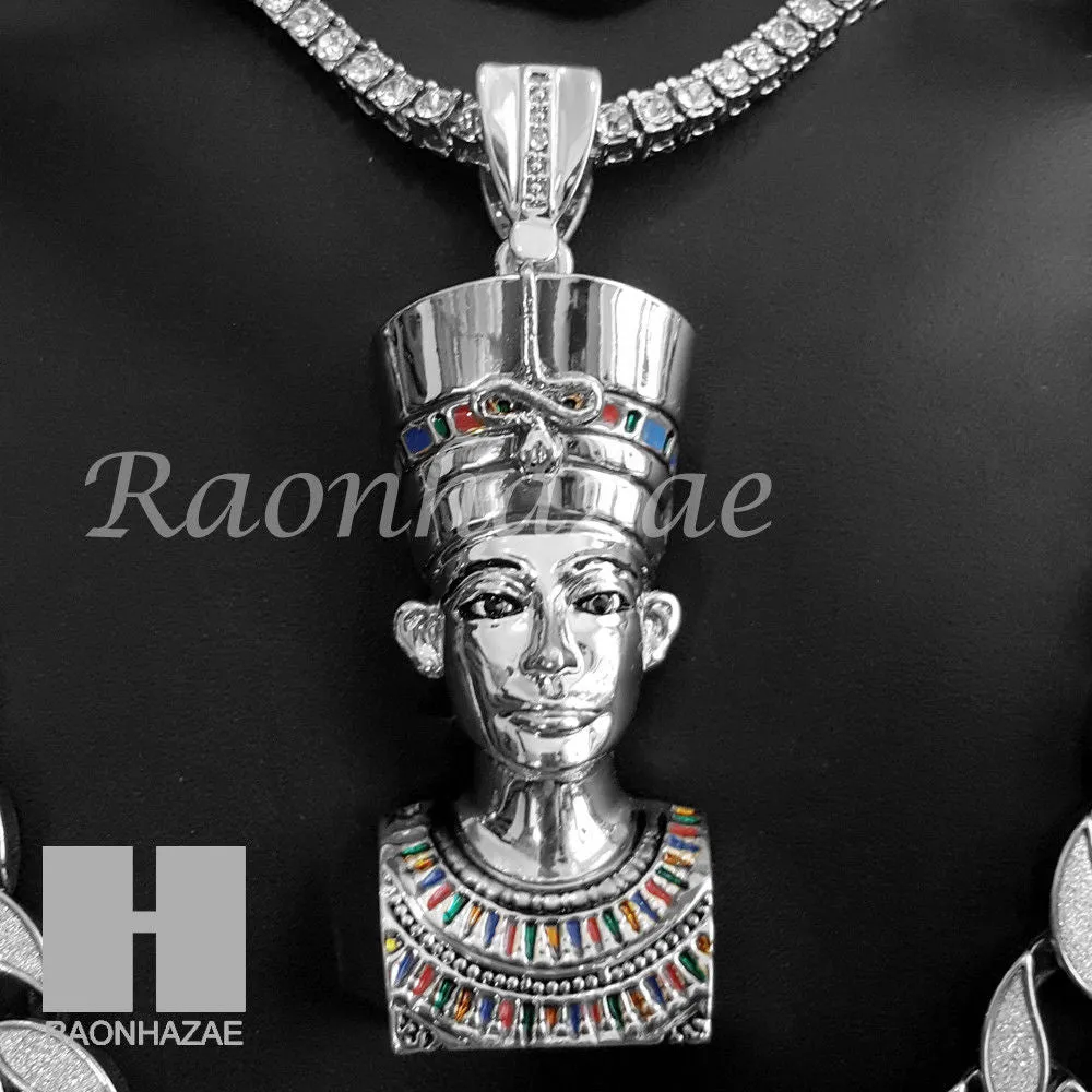 Nefertiti Pendant 16" Choker 18" Tennis 30" Miami Cuban Chain Set 18S