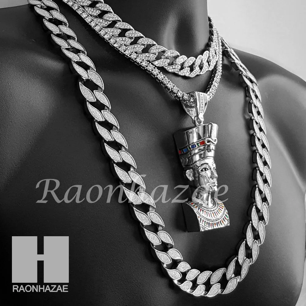 Nefertiti Pendant 16" Choker 18" Tennis 30" Miami Cuban Chain Set 18S