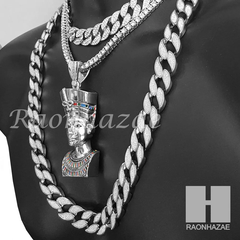 Nefertiti Pendant 16" Choker 18" Tennis 30" Miami Cuban Chain Set 18S