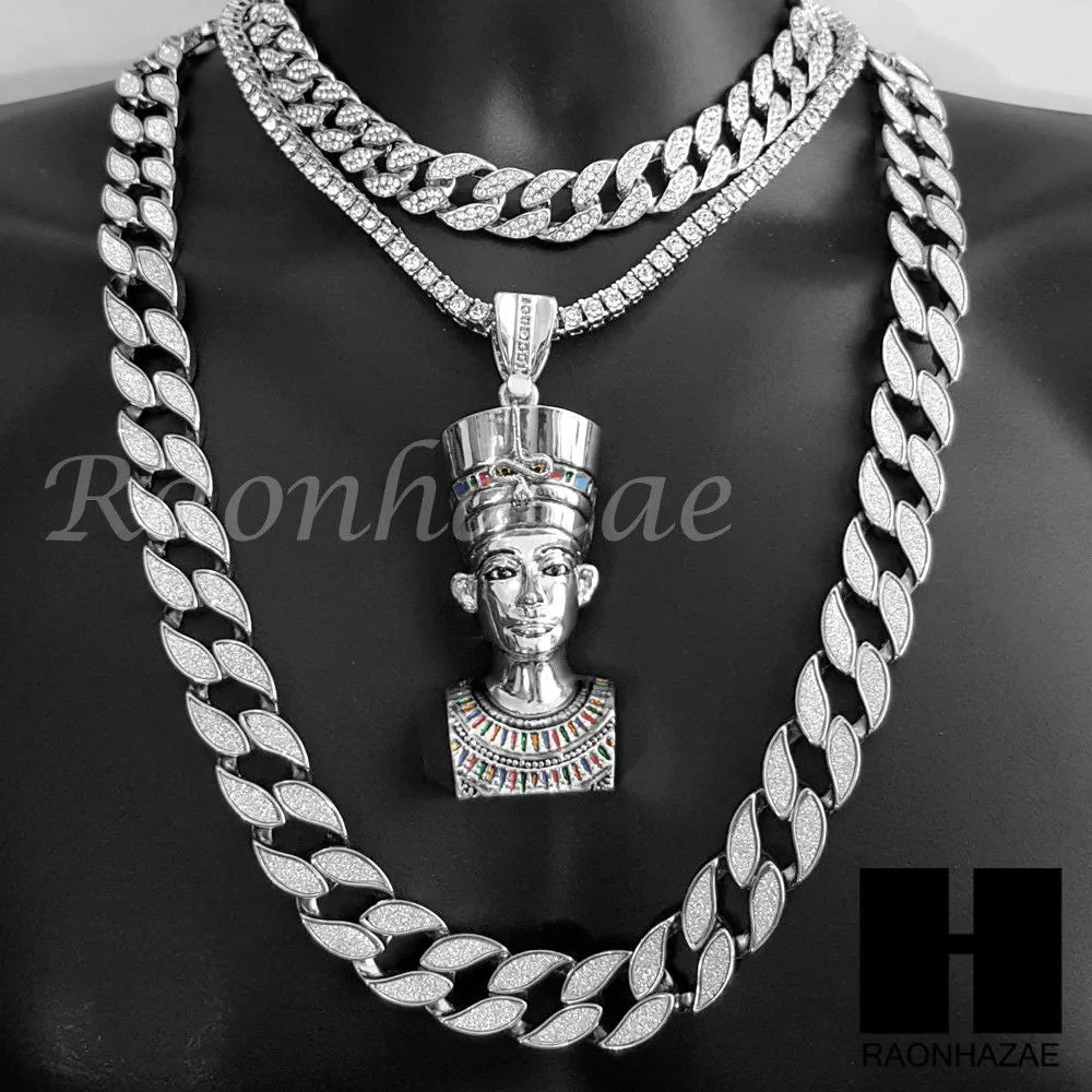 Nefertiti Pendant 16" Choker 18" Tennis 30" Miami Cuban Chain Set 18S