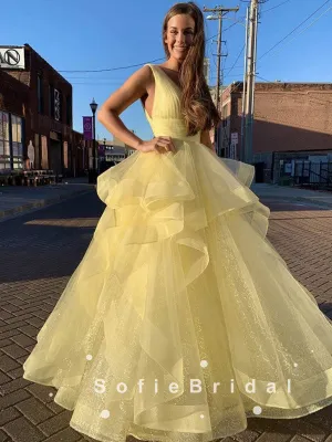 Newest A-Line V-Neck Sleeveless Yellow Tulle Long Prom Dresses,SFPD0039