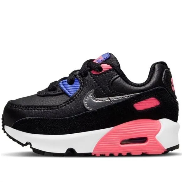 Nike (TD) Air Max 90 Girls Shoes Black/Metallic Silver - Sunset Pulse Size 6c