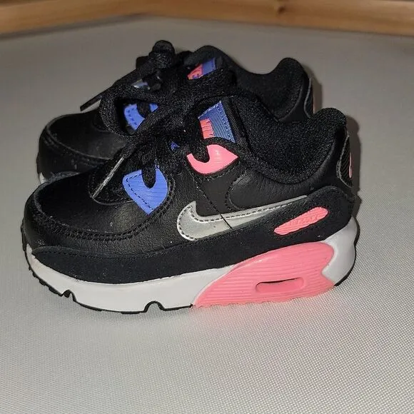 Nike (TD) Air Max 90 Girls Shoes Black/Metallic Silver - Sunset Pulse Size 6c
