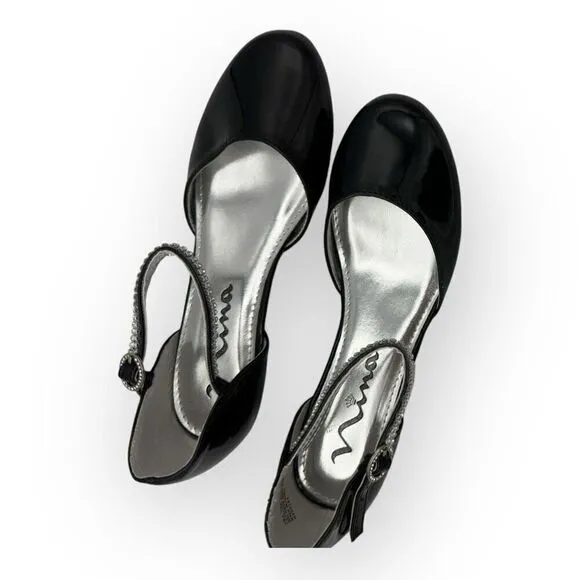 Nina Girls Cera Patent Leather Rhinestone Strap D'Orsay Heels Shoes Black Sz 3M