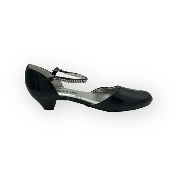 Nina Girls Cera Patent Leather Rhinestone Strap D'Orsay Heels Shoes Black Sz 3M