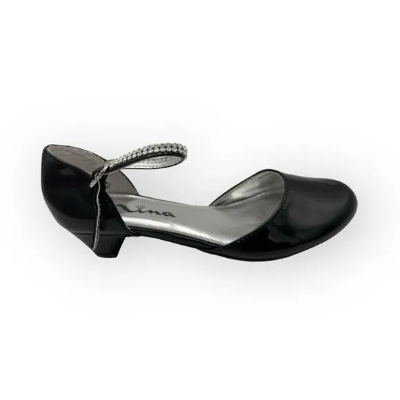 Nina Girls Cera Patent Leather Rhinestone Strap D'Orsay Heels Shoes Black Sz 3M