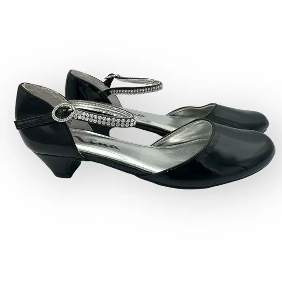 Nina Girls Cera Patent Leather Rhinestone Strap D'Orsay Heels Shoes Black Sz 3M