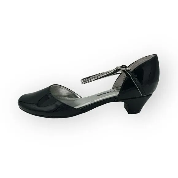 Nina Girls Cera Patent Leather Rhinestone Strap D'Orsay Heels Shoes Black Sz 3M