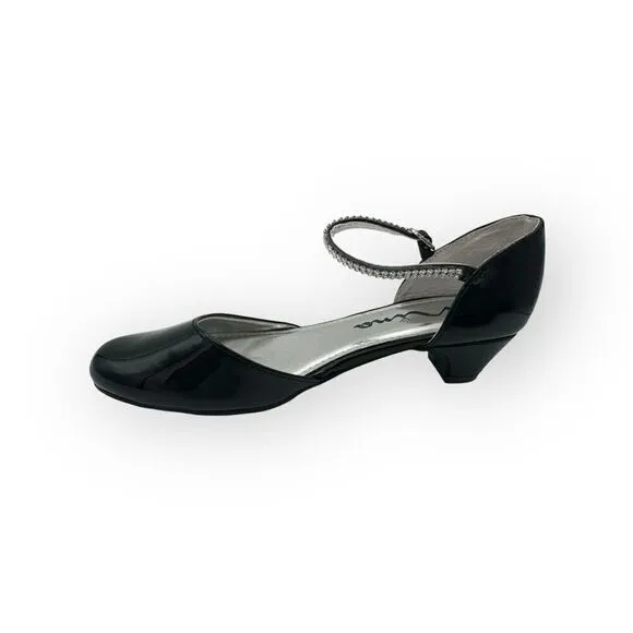 Nina Girls Cera Patent Leather Rhinestone Strap D'Orsay Heels Shoes Black Sz 3M