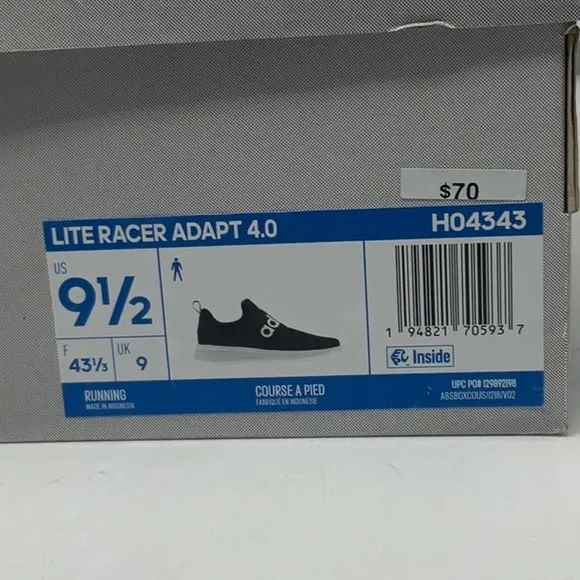 NWT Adidas men’s black/white Lite Racer Adapt 4.0 slip on running shoe, size 9.5