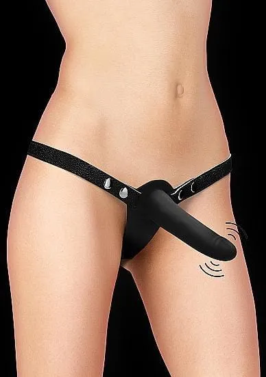Ouch! Double Vibrating Silicone Strap-On - Adjustable - Black - Shots