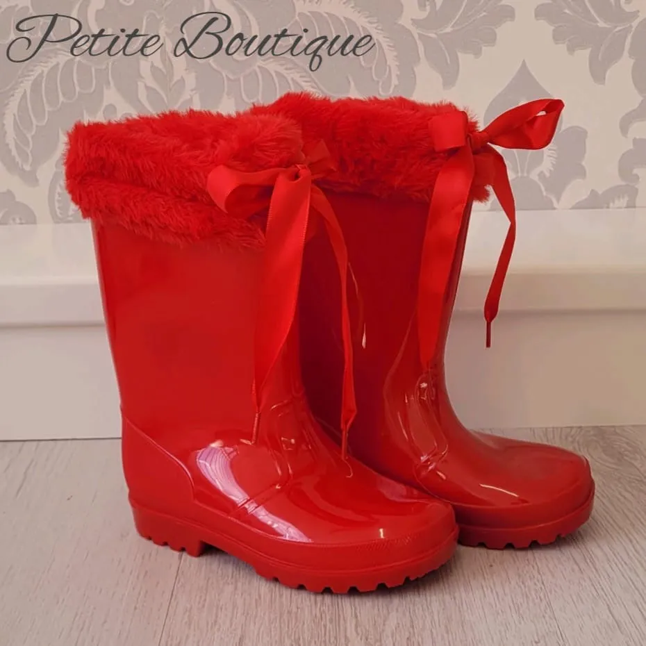 Red faux fur trim ribbon wellies