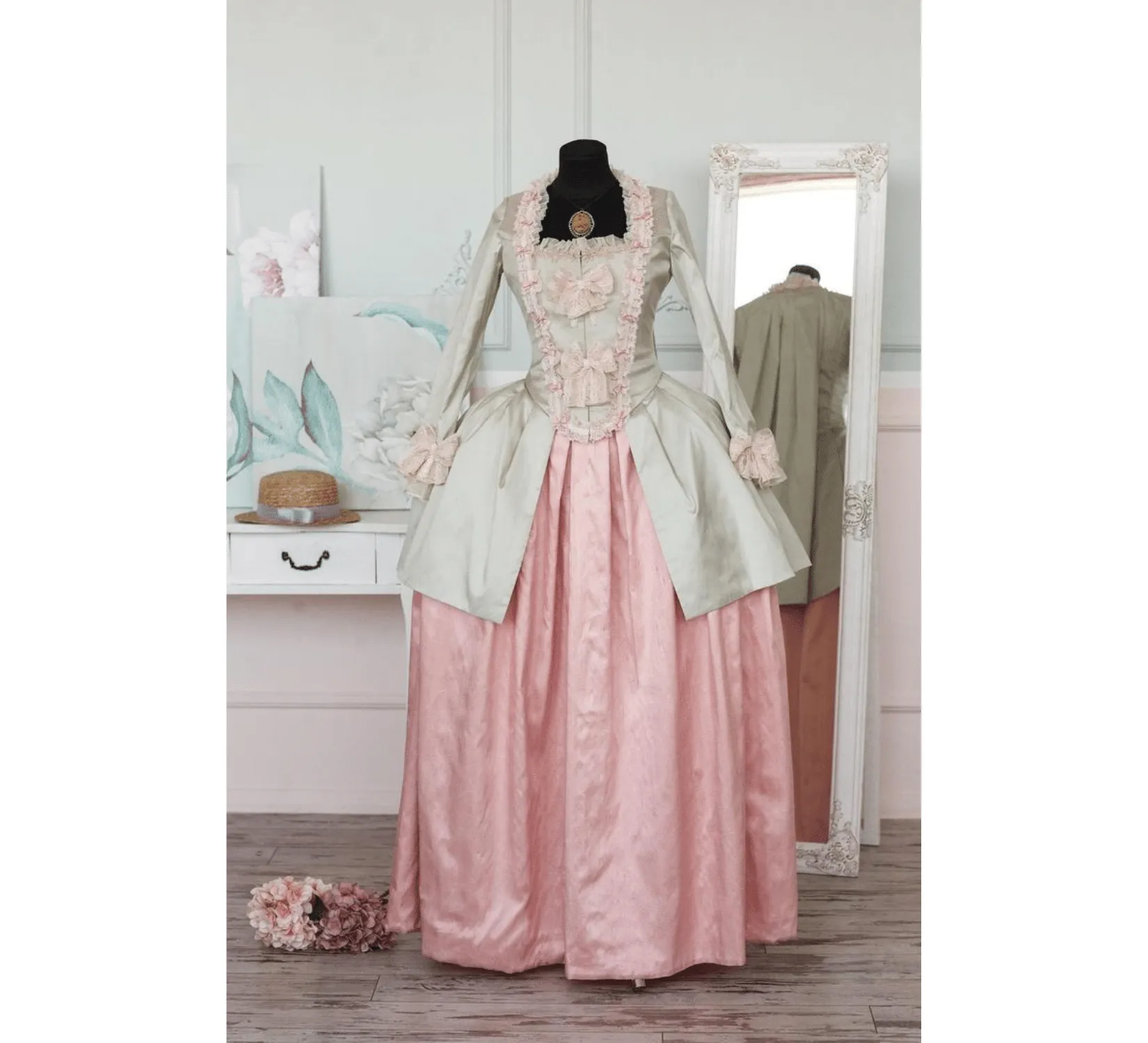 Rococo Marie Antoinette pink silk dress