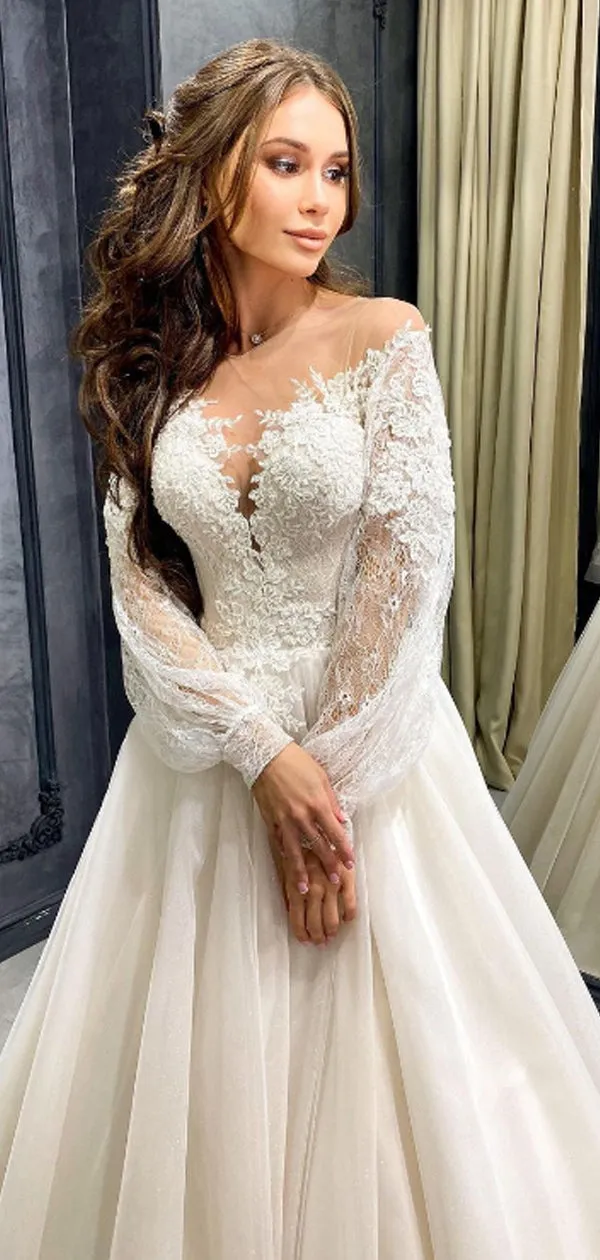 Sexy V-neck A-line Long Sleeve Lace Cheap Long Wedding Dresses Online,RBWD0024