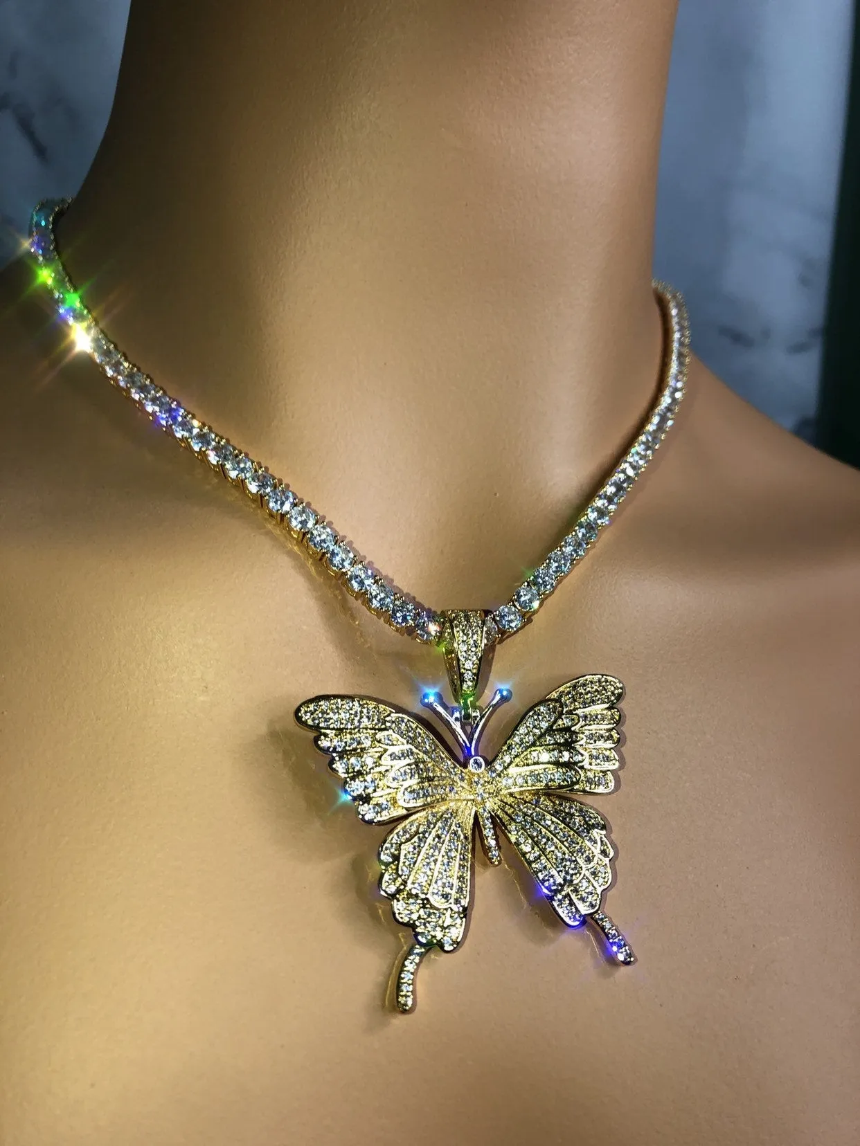 Tennis butterfly choker , bling butterfly , butterfly tennis necklace, 4mm tennis necklace and cz butterfly pendant ,Christmas gift