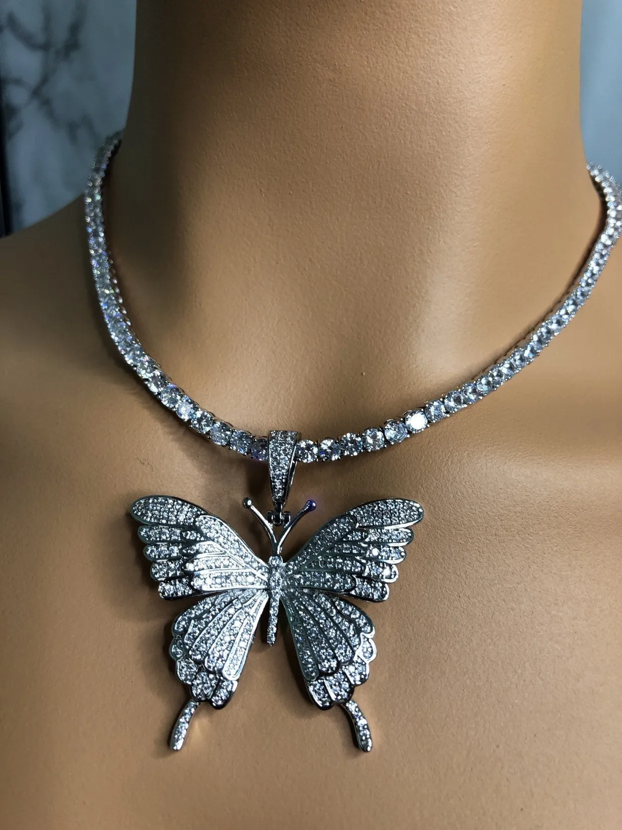 Tennis butterfly choker , bling butterfly , butterfly tennis necklace, 4mm tennis necklace and cz butterfly pendant ,Christmas gift