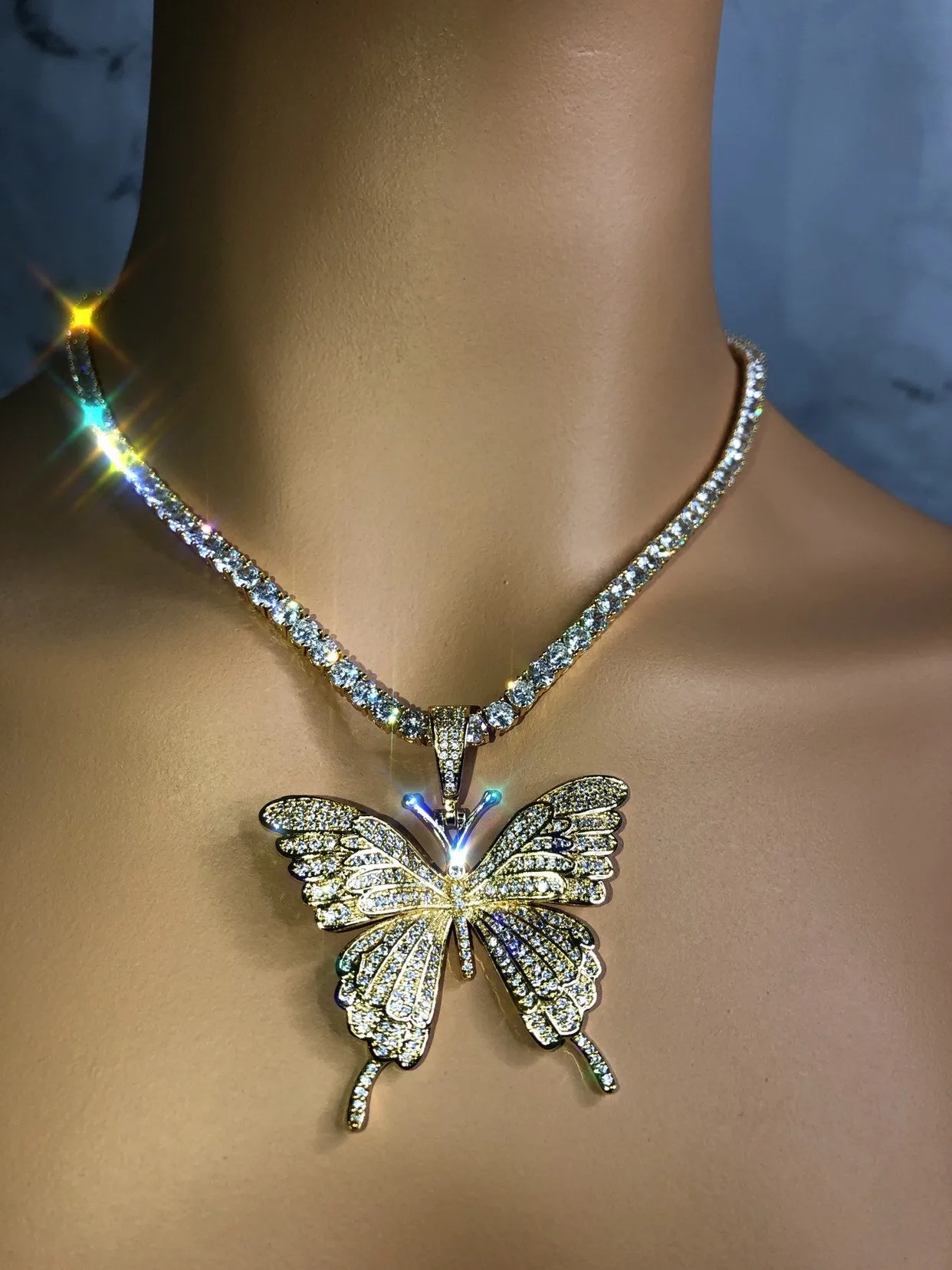 Tennis butterfly choker , bling butterfly , butterfly tennis necklace, 4mm tennis necklace and cz butterfly pendant ,Christmas gift