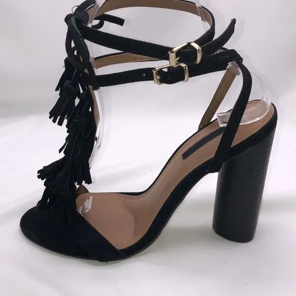 Topshop Fringed Tassels Run Down Vamp of Shoe with Wraparound Straps Round Heel