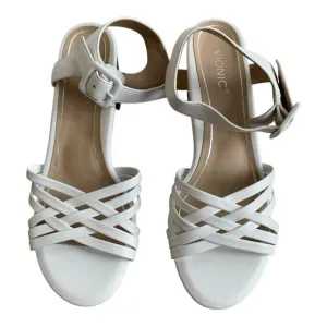 Vionic Peony White Leather Sandals Raffia Block Heels in Women’s Size 8M
