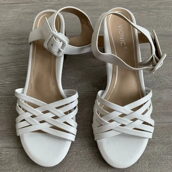 Vionic Peony White Leather Sandals Raffia Block Heels in Women’s Size 8M