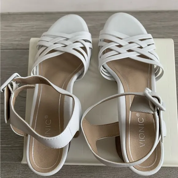 Vionic Peony White Leather Sandals Raffia Block Heels in Women’s Size 8M