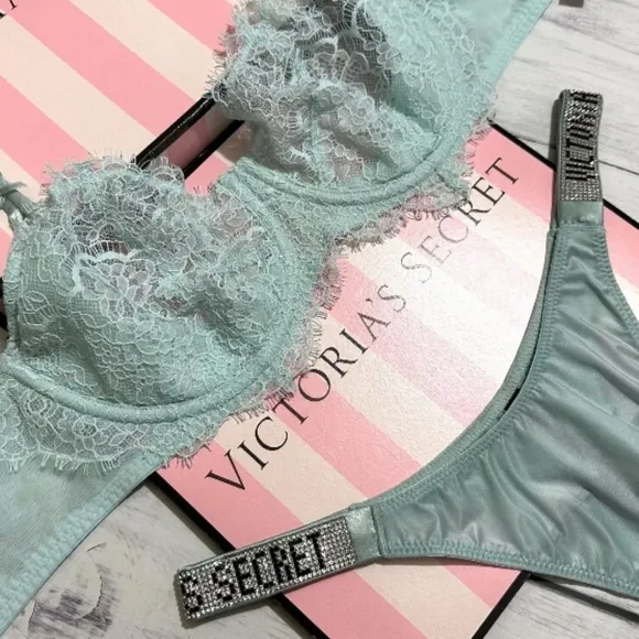 V.S. 2PC Very Sexy Lacie Lace Unlined Bra &amp; Shine strap Thong Panty-(Mint)