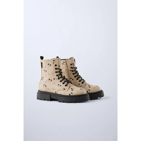 Zara Kids Mickey Mouse Lace Ankle Boots Girls Size US 3.5, EUR 35
